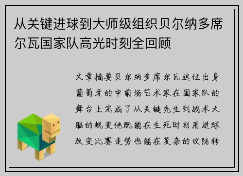 从关键进球到大师级组织贝尔纳多席尔瓦国家队高光时刻全回顾