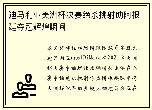 迪马利亚美洲杯决赛绝杀挑射助阿根廷夺冠辉煌瞬间